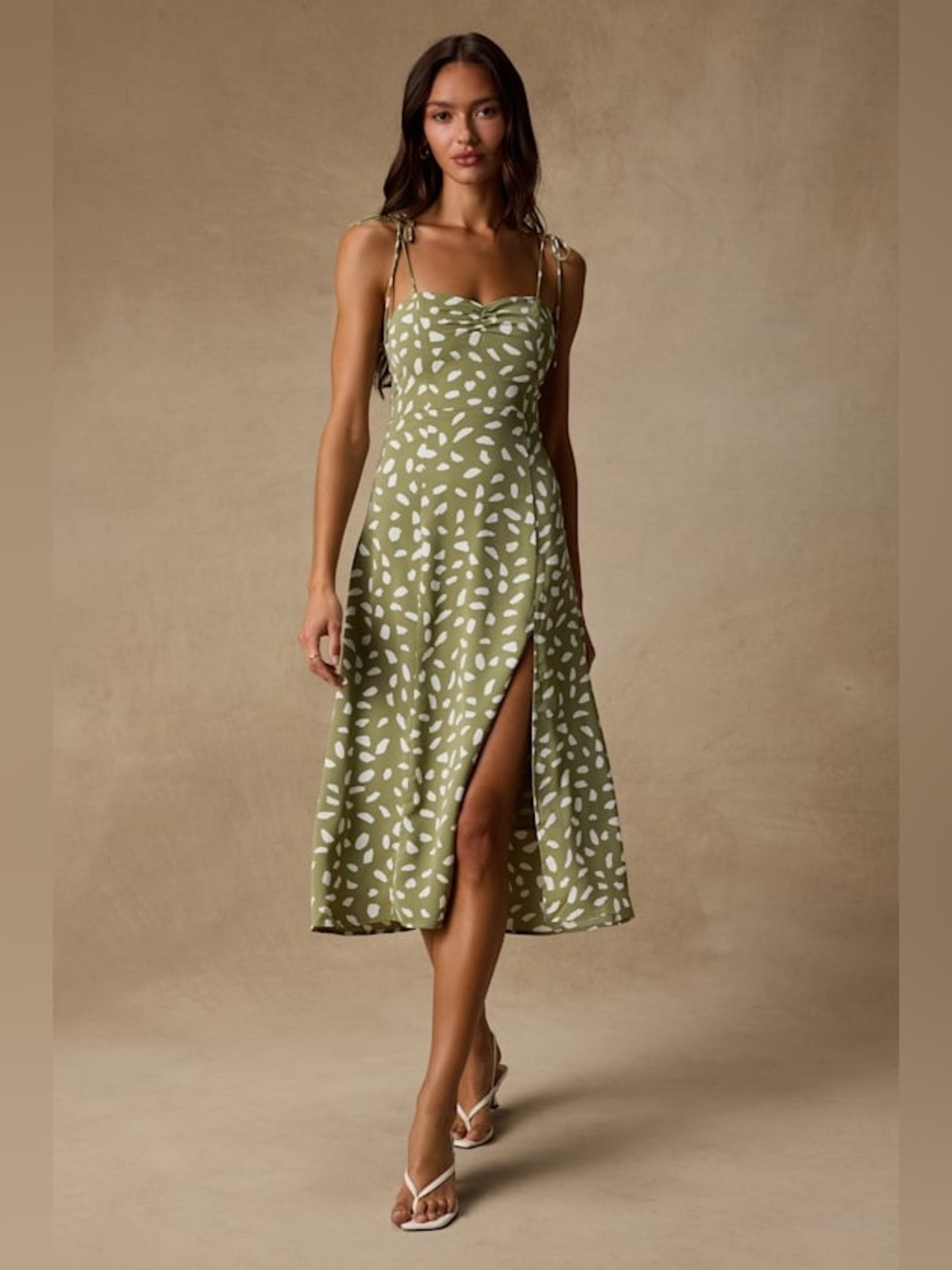 NWT Lulus Party in Paris Sage Green Print Tie-Strap Midi Dress